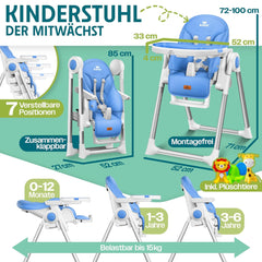 KIDIZ® 3-in-1 kinderstoel incl. speelbeugel, babyligstoel, combi-kinderstoel, hoge babystoel, 7 in hoogte verstelbaar, verstelbare rugleuning, meegroeiend vanaf 0 tot 36 maanden, babystoel, blauw