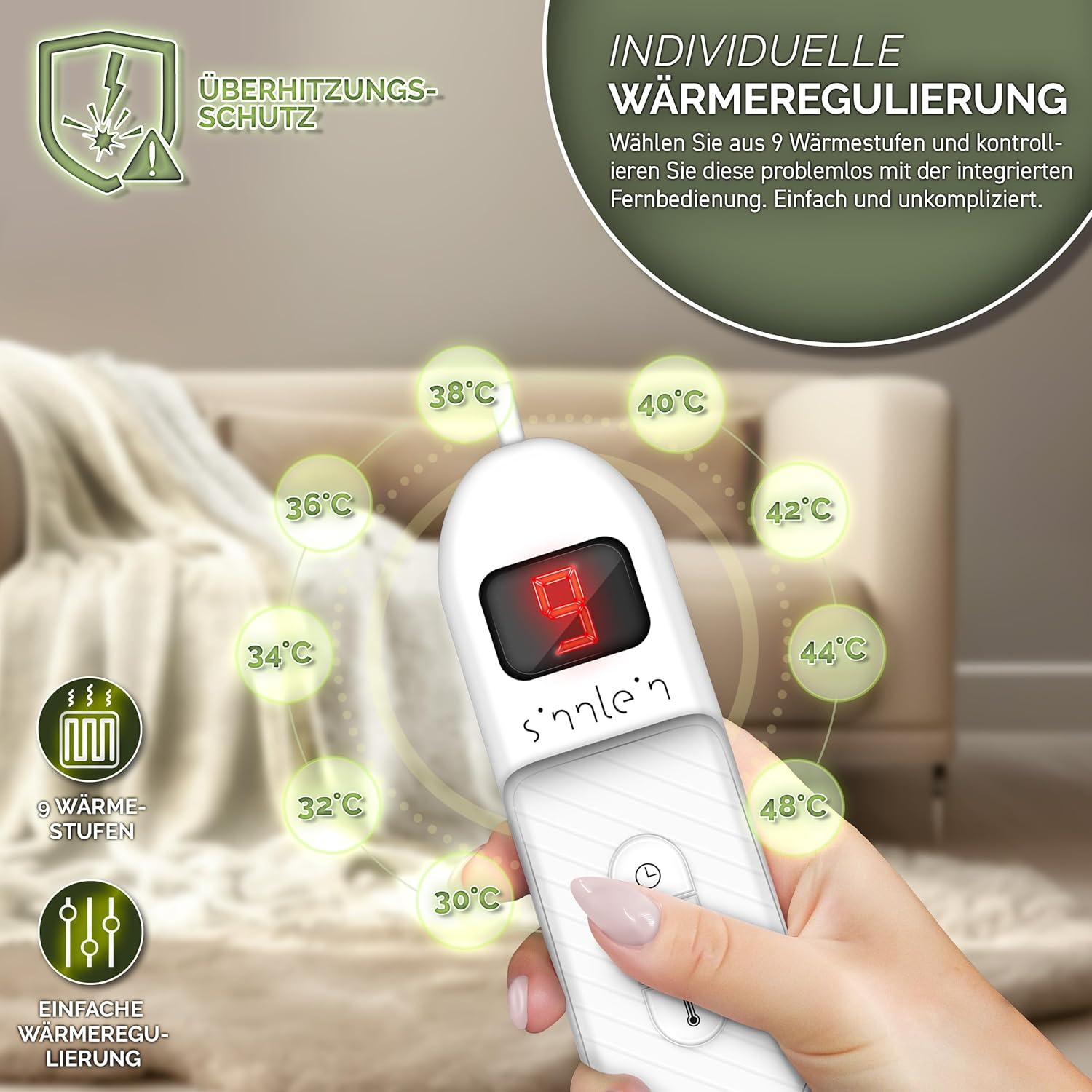 sinnlein® Elektrische deken met automatische uitschakeling, 180 x 130 cm, elektrische warmtedeken met 9 temperatuurniveaus, knuffeldeken, wasbaar, bed, bank, elektrische deken, beige