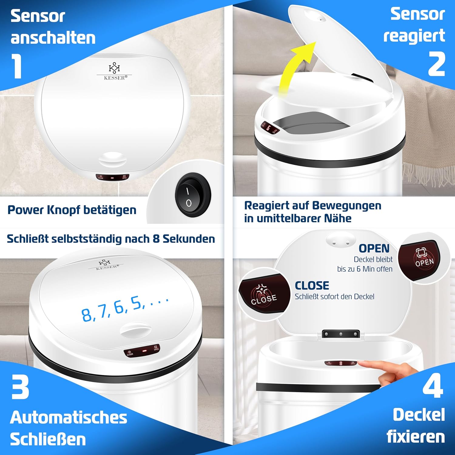 KESSER® Sensor Prullenbak - Afvalbak - Vuilnisbak - 56L - Wit