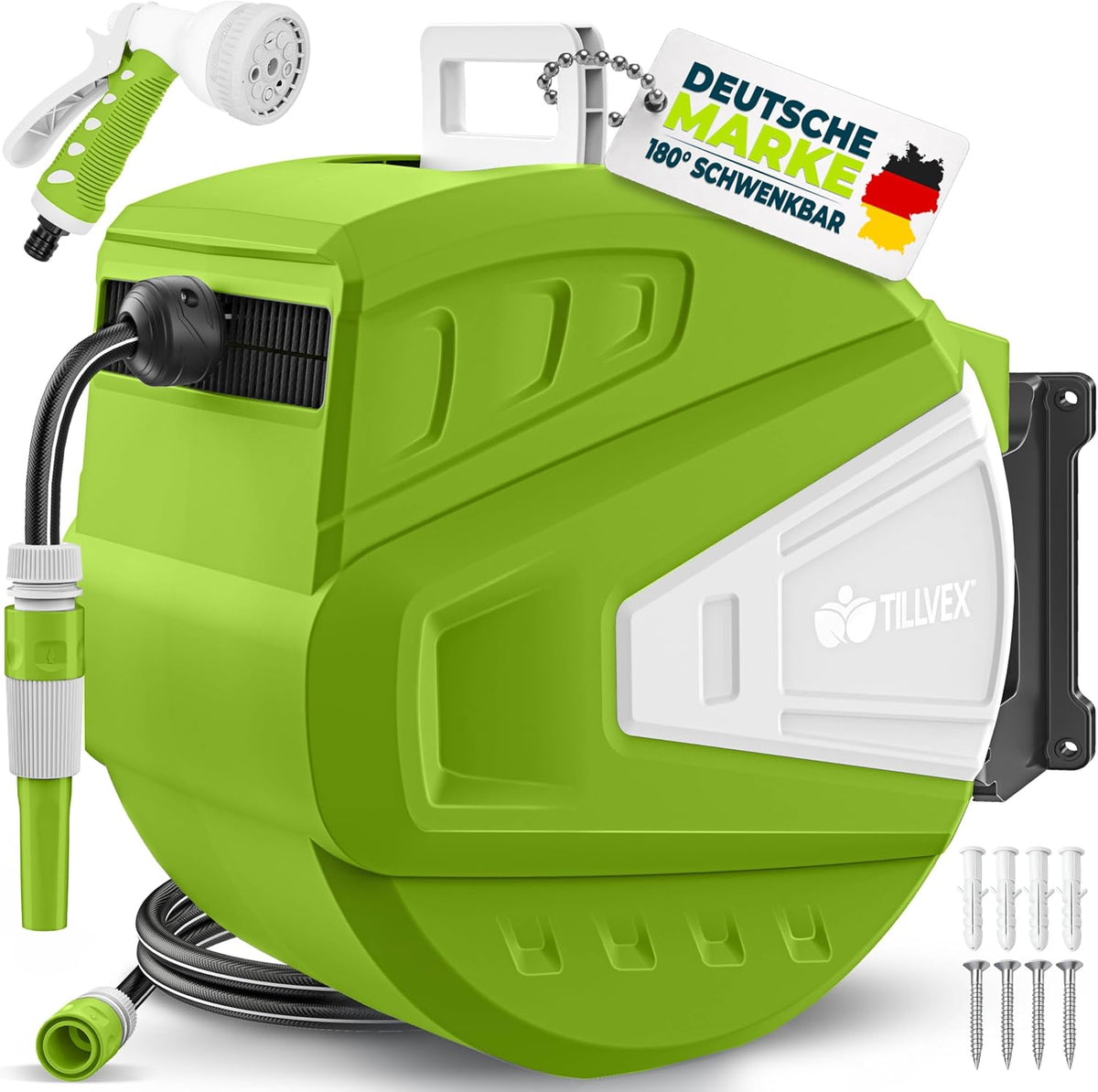 tillvex Slanghaspel water met wandhouder + draaggreep, slanghaspel met handdouche en tuinslang, 180 graden draaibaar, wandslangbox met automatisch oprolmechanisme (groen, 35 m)