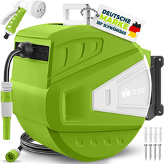 tillvex Slanghaspel water met wandhouder + draaggreep, slanghaspel met handdouche en tuinslang, 180 graden draaibaar, wandslangbox met automatisch oprolmechanisme (groen, 35 m)