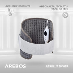 Arebos Elektrische verwarmingsgordel voor rug en buik, elektrisch verwarmingskussen met 6 temperatuurstanden en automatische uitschakeling, warmtegordel met verstelbare band en klittenbandsluiting,