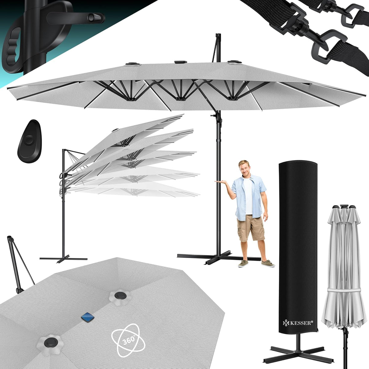 KESSER® LED Parasol - 4,6mx2,7m - Zweefparasol - Draaibaar - Grijs