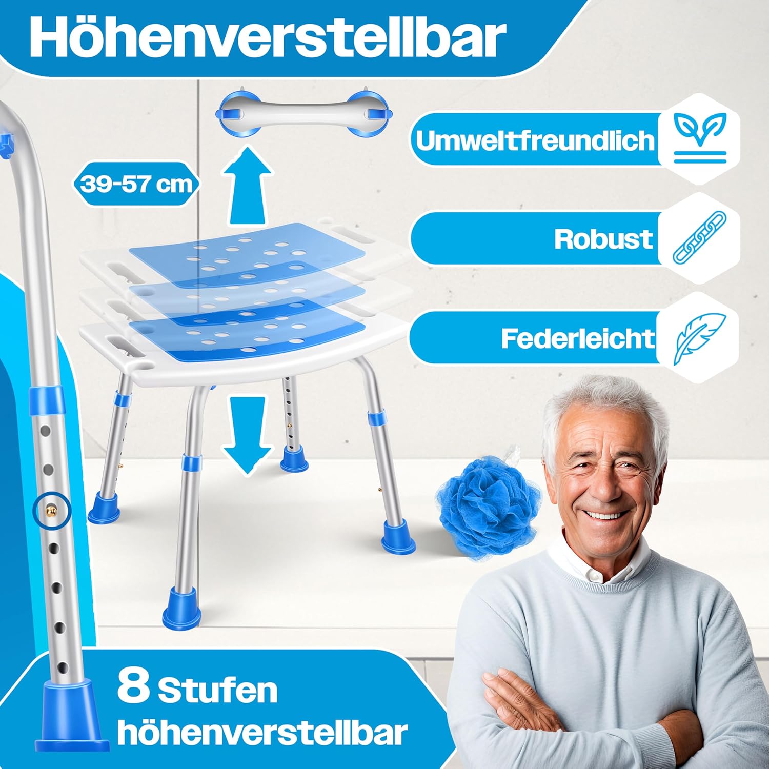 KESSER® Douchekruk - Douchestoel - Verstelbaar - Antislip - Blauw