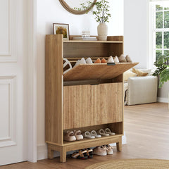 Tribesigns Schoenenkast Smal, schoenenrek met planken, 2 laden met klapbescherming, houten materiaal, schoenenkast voor entree, hal, woonkamer, 80 x 24 x 116 cm, bruin