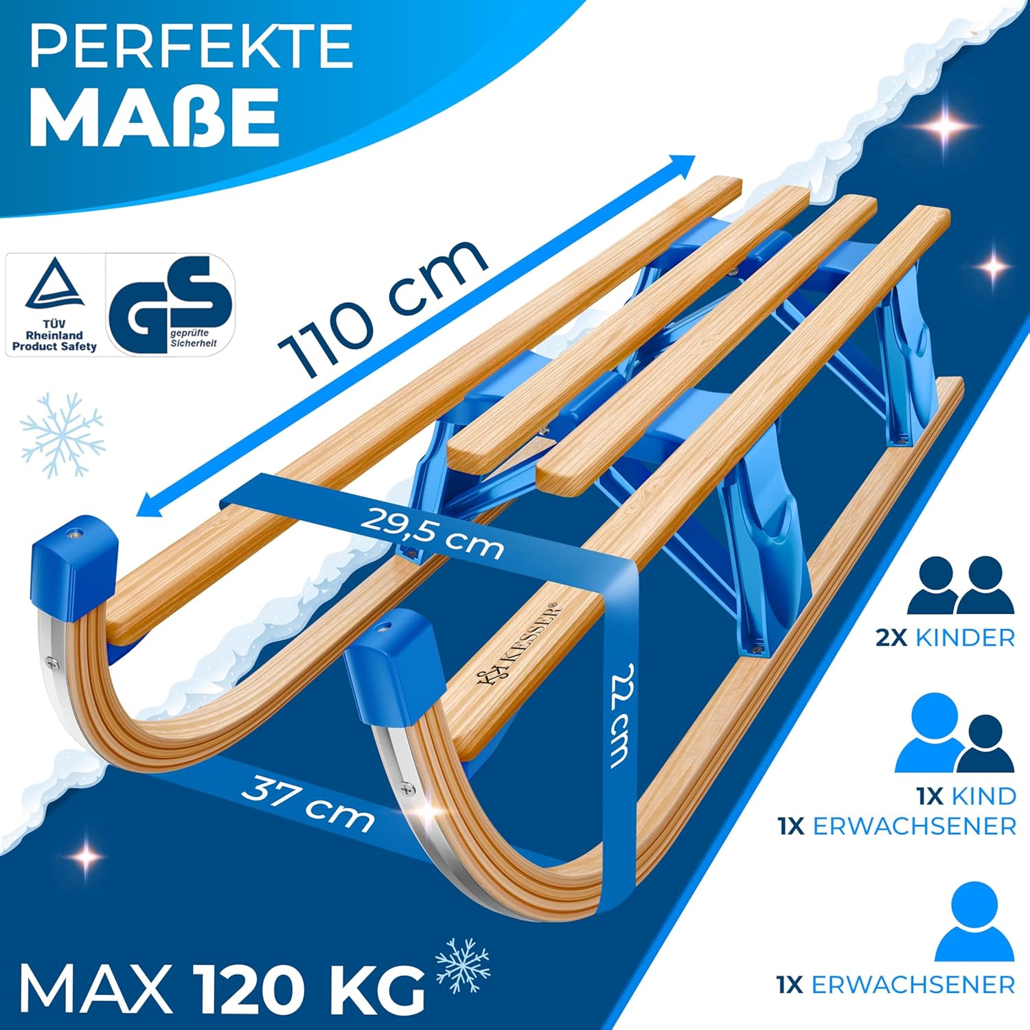 KESSER® Houten slee, premium kinderslee, opvouwbare kinderslee van beukenhout, incl. trekkoord, glijders, metalen glijders