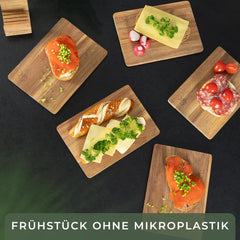 WALDWERK Ontbijtplankjes van massief acaciahout, 5-delige set (23 x 16 x 1 cm), ontbijtplankjes van hout met standaard, 5 snijplanken van hout, perfect voor ontbijt •