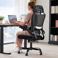TRALT Bureaustoel, bureaustoelen, mesh, computerstoel met wieltjes, ergonomische bureaustoel, in hoogte verstelbaar, draaistoel, werkstoel, zwart (hoofdkussen, zwart)
