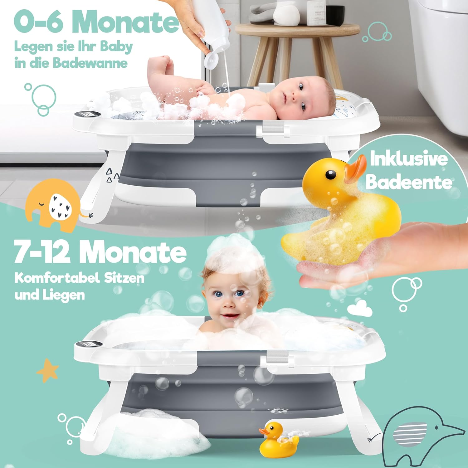 KIDIZ® Babybadje, ruimtebesparend en opvouwbaar, badje, douchebak voor pasgeborenen en peuters, 0-24 maanden, reisdouche, draagbaar, voor baby's, ergonomisch met thermostaat en kussen