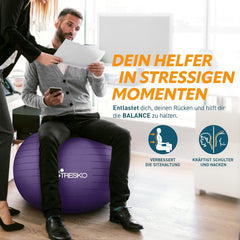 Tresko Gymnastiekbal met gratis oefenposter, inclusief luchtpomp, BPA-vrij, 85 cm, zitbal, yogabal, ontploft niet (belastbaarheid 300 kg), voor fitness, yoga, Pilates, paars