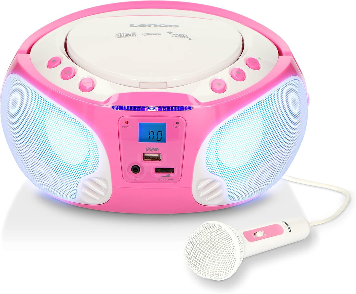 Lenco SCD-650PK - Draagbare radio CD speler met karaokemicrofoon en LED - Roze