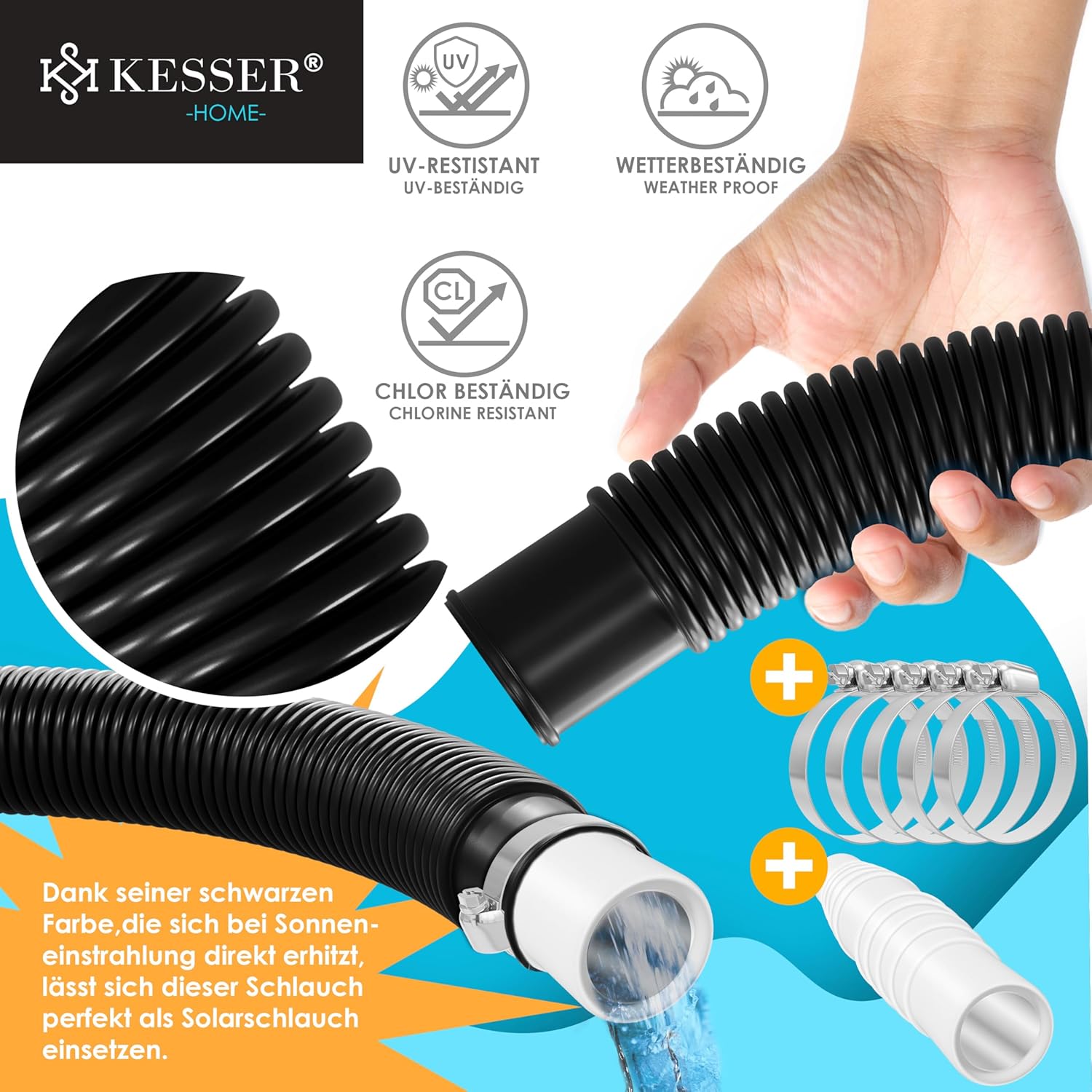 KESSER® Zwembadslang 10 m / Ø 38 mm | zwembadslang met | zonne-slang voor zwembad | zuigslang | pompslang | flexibele waterslang incl. slangklemmen en -verbinding | zwart