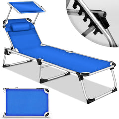 tillvex® Zonneligstoel met dak en hoofdkussen, opvouwbare ligstoel, strandstoel met verstelbare rugleuning, aluminium ligstoel, blauw