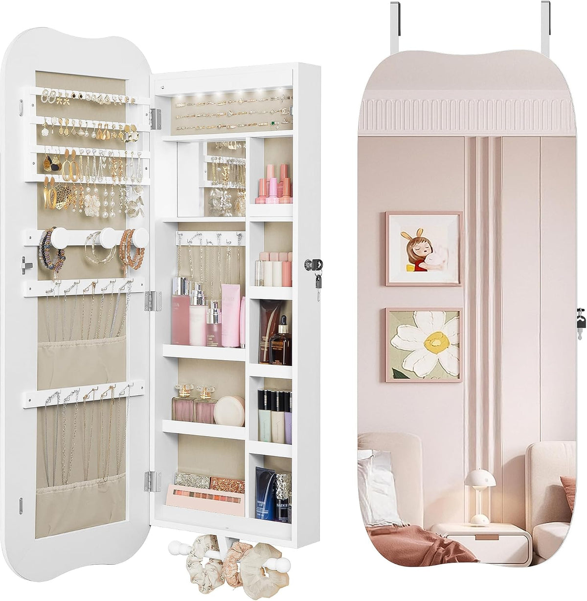 Hzuaneri Sieradenkast, spiegelkast, hangkast met ledverlichting, wandkast met spiegel, afsluitbaar, met binnenspiegel, oppervlak in wit, binnenvoering in greige JC36603BE