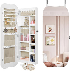 Hzuaneri Sieradenkast, spiegelkast, hangkast met ledverlichting, wandkast met spiegel, afsluitbaar, met binnenspiegel, oppervlak in wit, binnenvoering in greige JC36603BE