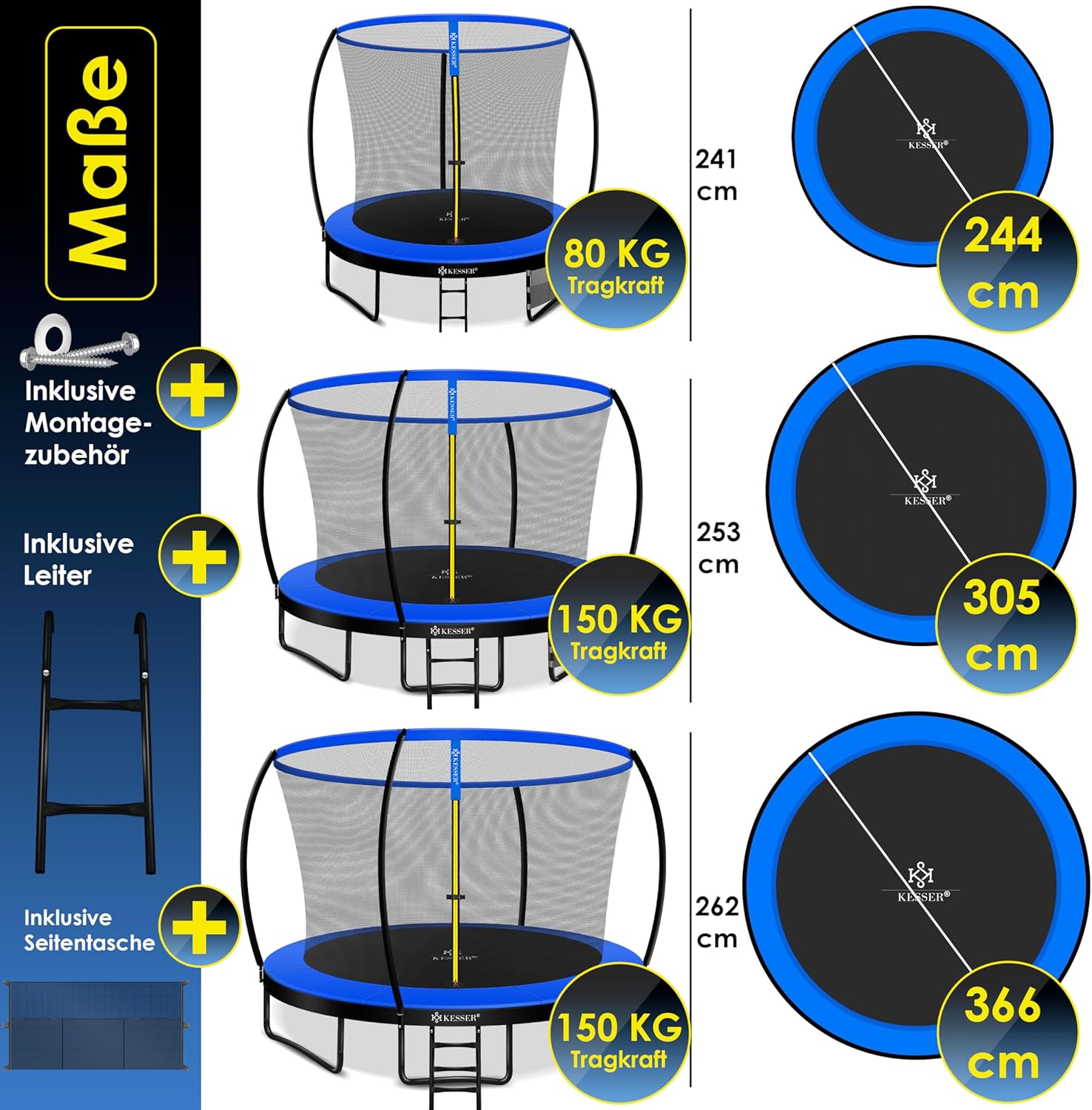 KESSER® Trampoline Ø305 cm - Veiligheidsnet en Ladder - tot 150 kg belasting - Blauw