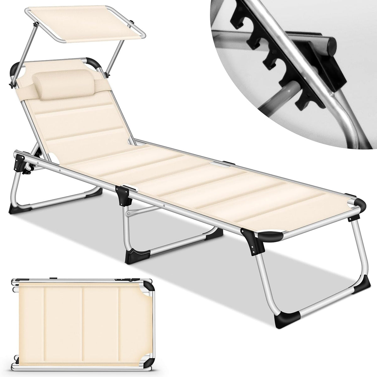 tillvex Zonneligstoel met dak en hoofdkussen, tuinstoel, inklapbaar, strandstoel met verstelbare rugleuning, aluminium ligstoel (beige, ligstoel met bekleding Premium)