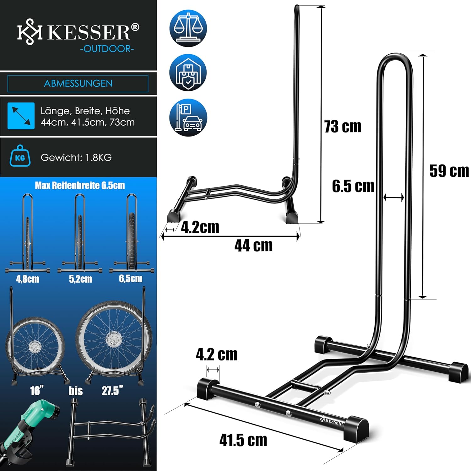 KESSER® Fietsstandaard grond afzonderlijk voor mountainbike, e-bike, stadsfiets, racefiets, MTB | fietsmontagestandaard | vrijstaande fietshouder standaard ijzer | bandbreedte tot 65 mm