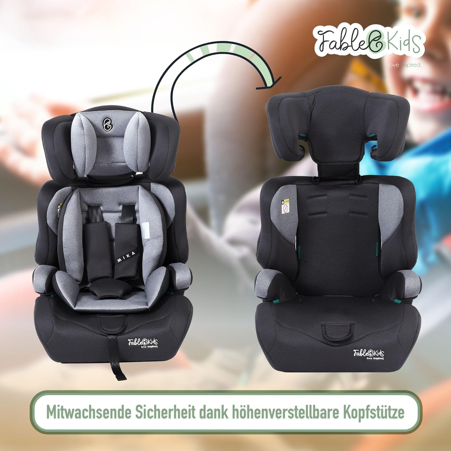 FableKids Kinderautostoel 9-36 kg, 3-punts veiligheidsgordel, autokinderzitje vanaf 15 m, autostoel voor kinderen 76-150 cm, kinderzitje, verstelbare hoofdsteun, ECE R129/03, verstelbaar, grijs