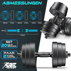 Dumbells set - Gewichten set - Halterset - Verstelbaar - 20 kg - Zwart - RE:SPORT
