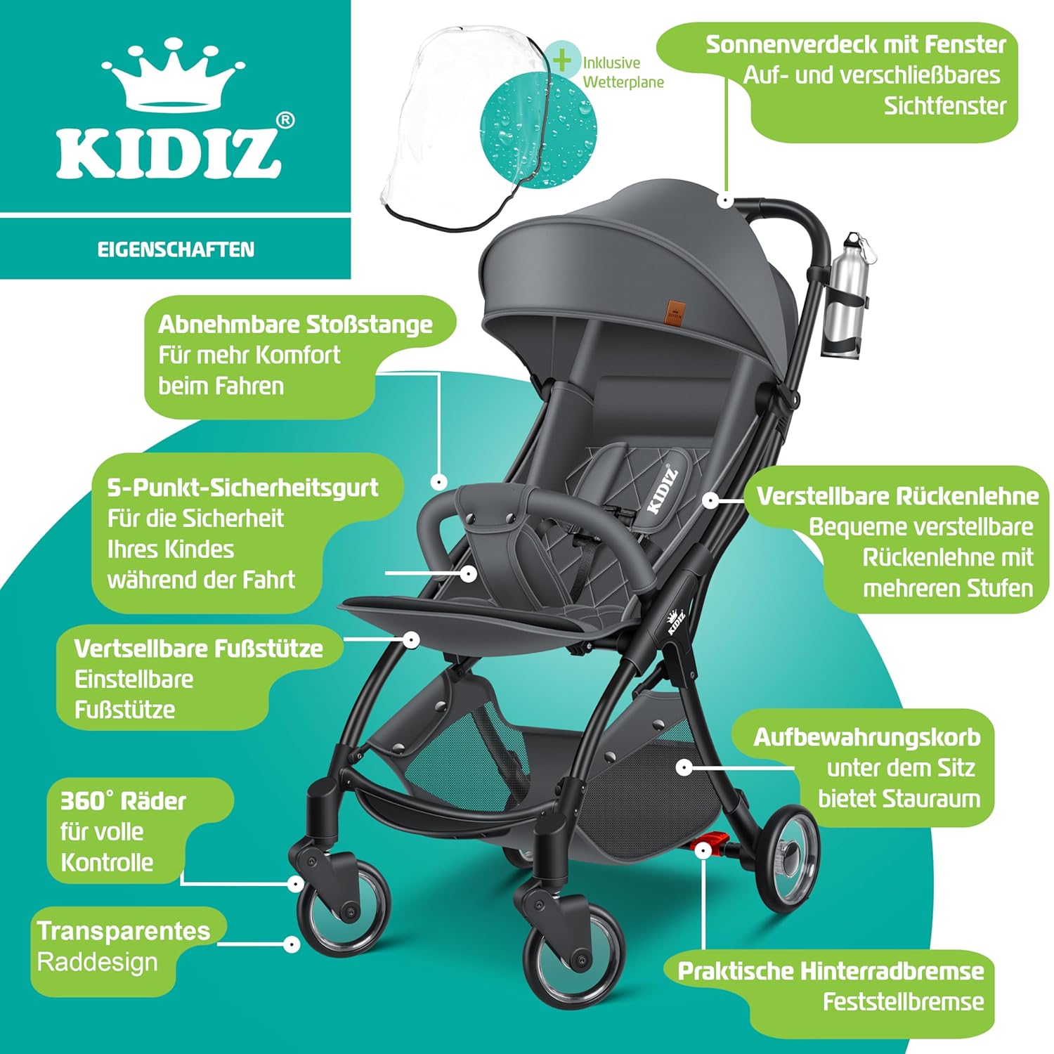 KIDIZ® Kinderwagen - Wandelwagen - Kinderbuggy - Antraciet