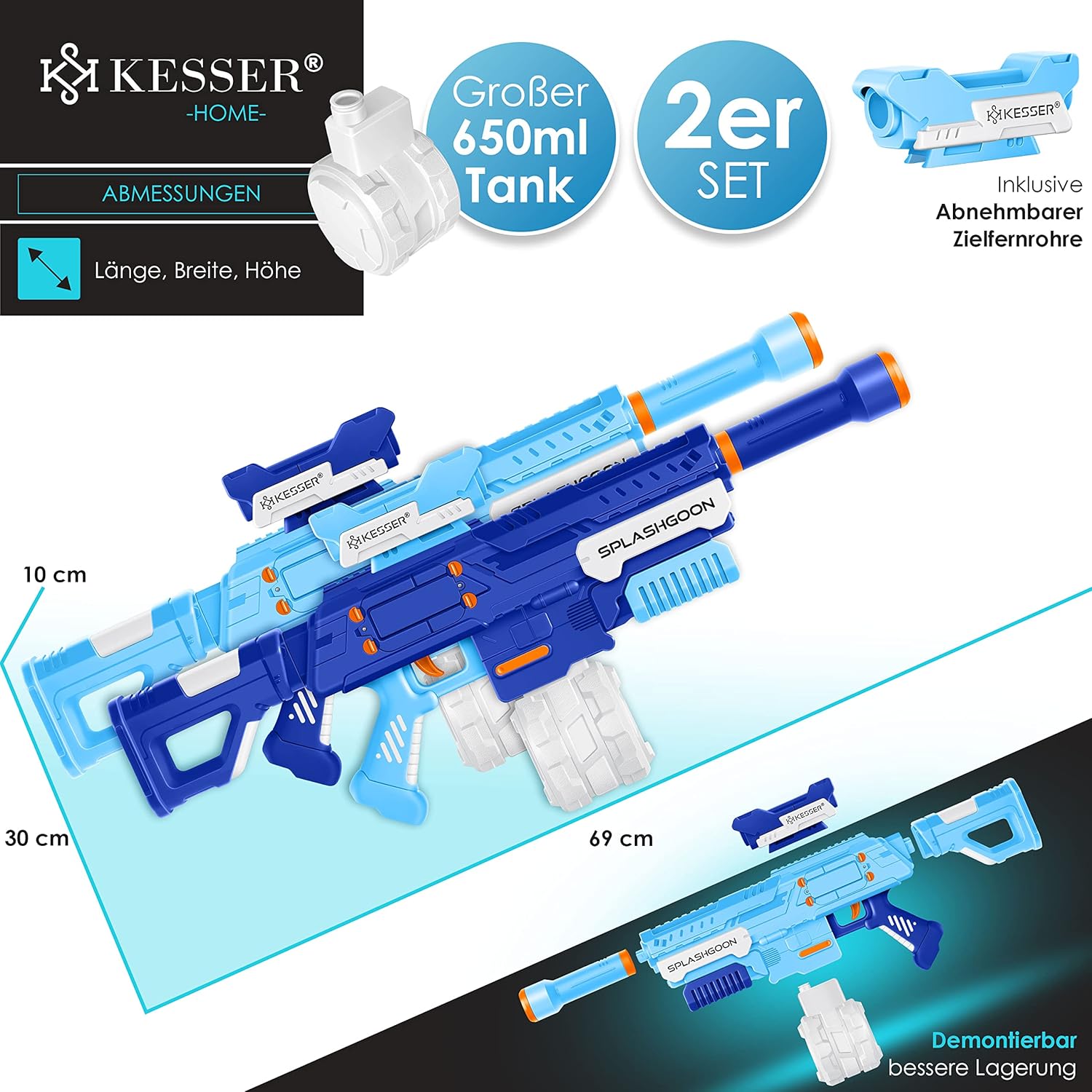 KESSER® Waterpistool set van 2 waterpistolen spuitpistolen incl. telescoopvizier zeer sterk bereik 8 m, inhoud 650 ml speelgoed buiten voor kinderen en volwassenen (lichtblauw/marineblauw)