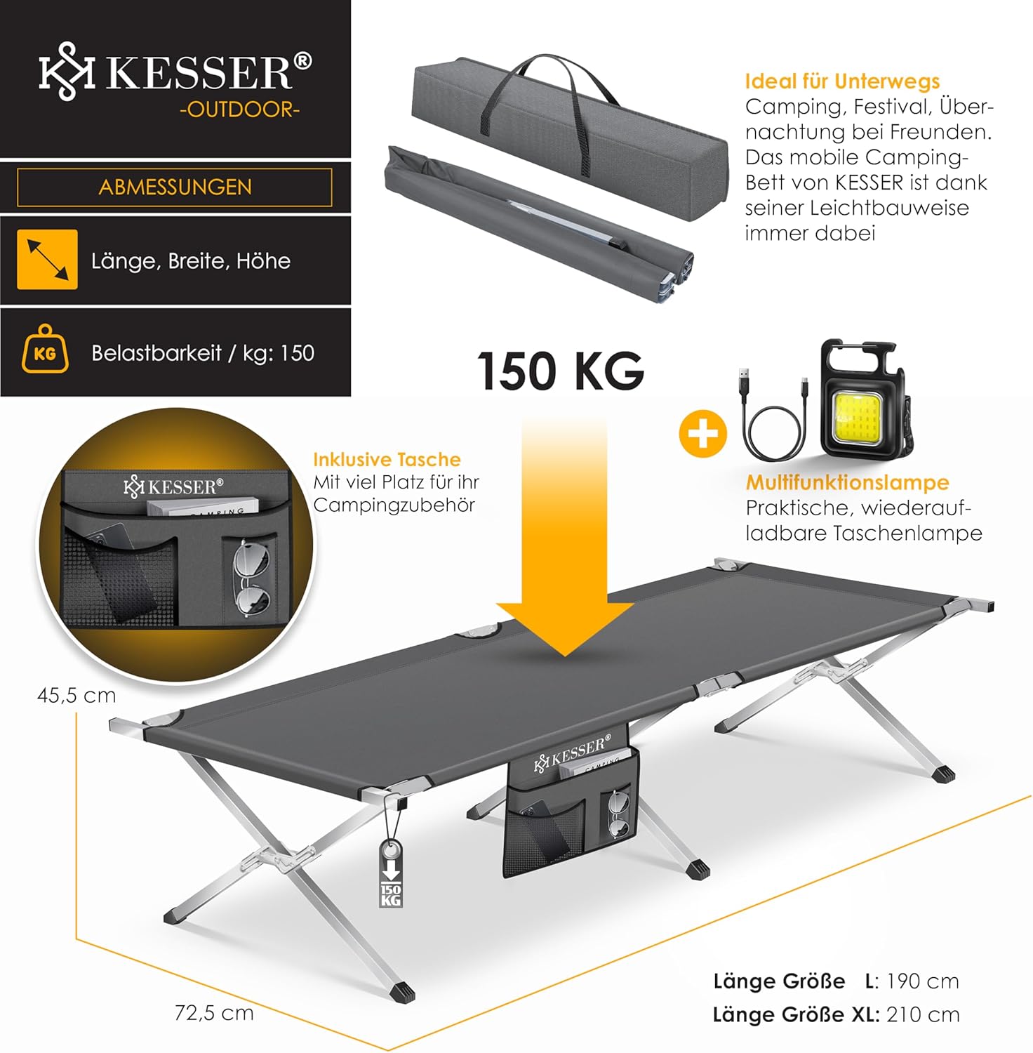 KESSER® Campingbed, opklapbed, incl. draagtas, campinglicht en zijtas, in 190 cm, stabiel veldbed, 150 kg belastbaar, metalen buis, 600D Oxford-weefsel, draagbaar ligbed, comfortabel voor op