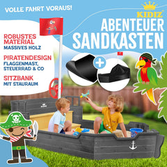 KIDIZ® Zandbak AHOI - piratenschip boot zeilschip van hout incl. afdekking, grondzeil, zitbank, vlaggenmast, speelgoed | grote kinderzandbak voor de tuin | outdoor zandbak antraciet