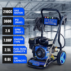 BOVONO 7 pk benzine hogedrukreiniger 3600 psi benzine hogedrukreiniger 170f 210cc 4-takt benzine hogedrukreiniger met 8 meter slang en 5 sproeiers voor het reinigen van auto's, huizen, opritten en terrassen, blauw