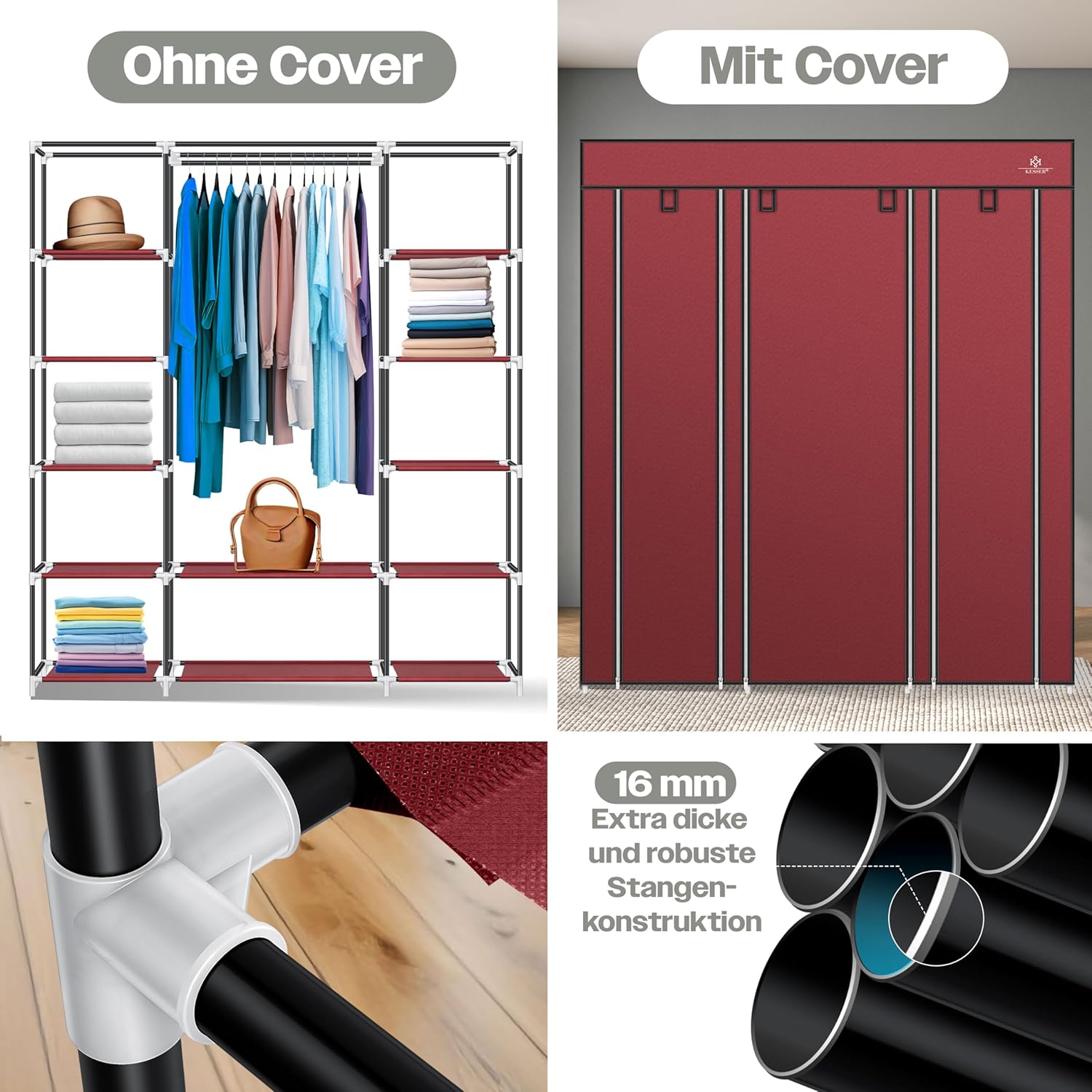 KESSER® Kledingkast stoffen kast stabiel met kledingstang en planken, incl. 5x kleerhangers, stoffen vouwkast voor slaapkamer, kleedkamer garderobe met kledingrek 150x45x175cm Bordeaux rood
