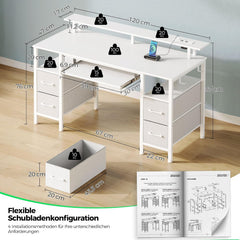 Rolanstar Bureau met laden, 120 x 47 cm, gamingtafel met stopcontact, led- en monitorstandaard, computertafel met toetsenbordplank, gamingbureau voor thuiskantoor, woonkamer, wit