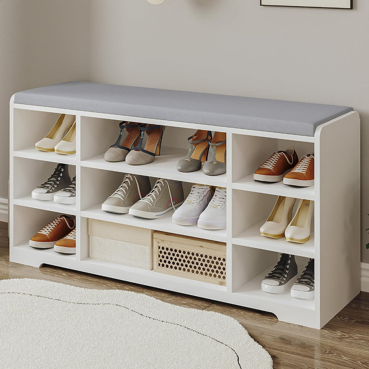 Hzuaneri Schoenenbank, schoenenrek met zitvlak, zitbank met opbergruimte, kussen, 9 vakken, 30 x 103 x 52,7 cm, verstelbare planken, voor woonkamer, hal, slaapkamer, wit-grijs SB10003X