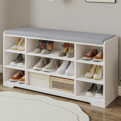 Hzuaneri Schoenenbank, schoenenrek met zitvlak, zitbank met opbergruimte, kussen, 9 vakken, 30 x 103 x 52,7 cm, verstelbare planken, voor woonkamer, hal, slaapkamer, wit-grijs SB10003X