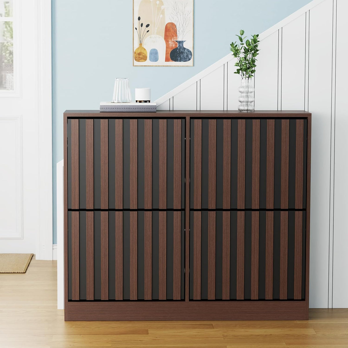 UEV Schoenenkast met 4 kleppen hout, schoenenrek smal (bruin + zwart)