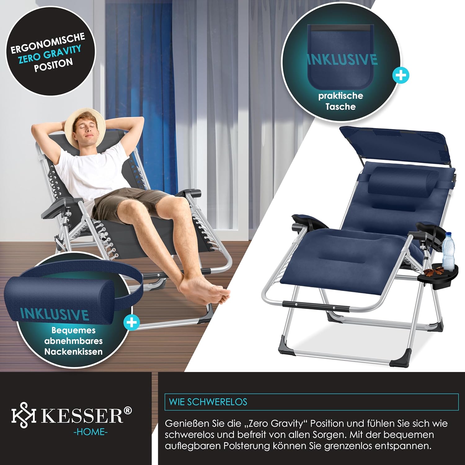 KESSER® XXL opvouwbare tuinligstoel, weerbestendig, belastbaar tot 200 kg, ergonomisch kussen, verstelbare rugleuning met nekkussen, bekerhouder en vulling voor