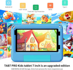 PRITOM TAB7 PRO Kindertablet 7 inch, 64 GB, 3 GB RAM (geüpgraded), peutertablet Android 14 met wifi, dubbele camera, educatieve functies, spelletjes, vooraf geïnstalleerde kindersoftware, ouderlijk toezicht, blauw