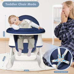 Kinderstoel, 3-in-1 kinderstoel, tafelstoel, verstelbaar met dubbel dienblad, wielen en mand, kinderstoel, babystoel vanaf 6 maanden, blauw