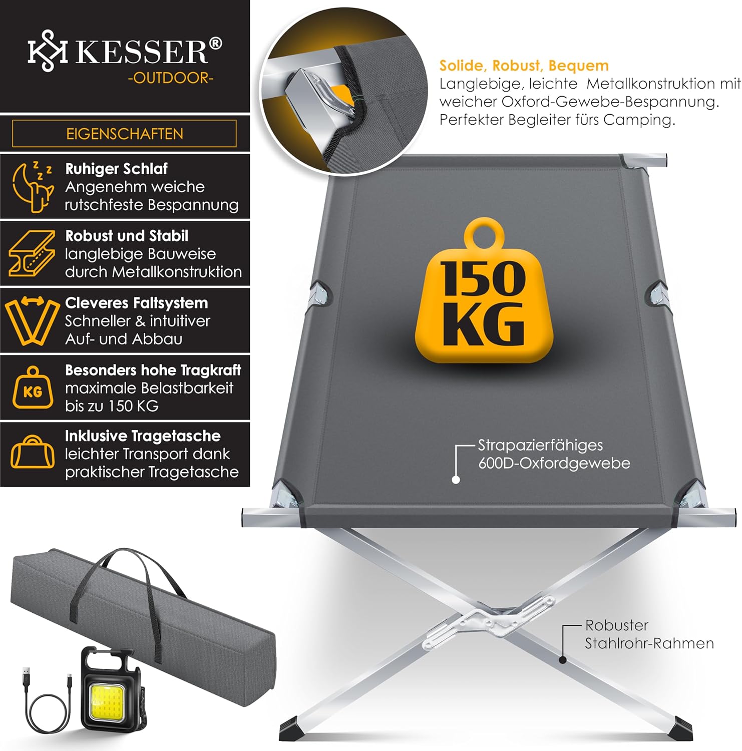 KESSER® Campingbed, opklapbed, incl. draagtas, campinglicht en zijtas, in 190 cm, stabiel veldbed, 150 kg belastbaar, metalen buis, 600D Oxford-weefsel, draagbaar ligbed, comfortabel voor op
