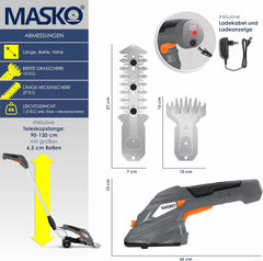 MASKO® Grasschaar struikschaar set met accu 7,2 V 2000 mA/h elektrische tuin heggenschaar gazon schaar incl. oplader, handschoenen grasmes, struikmes & steel telescoopstang 90-130 cm met wielen •