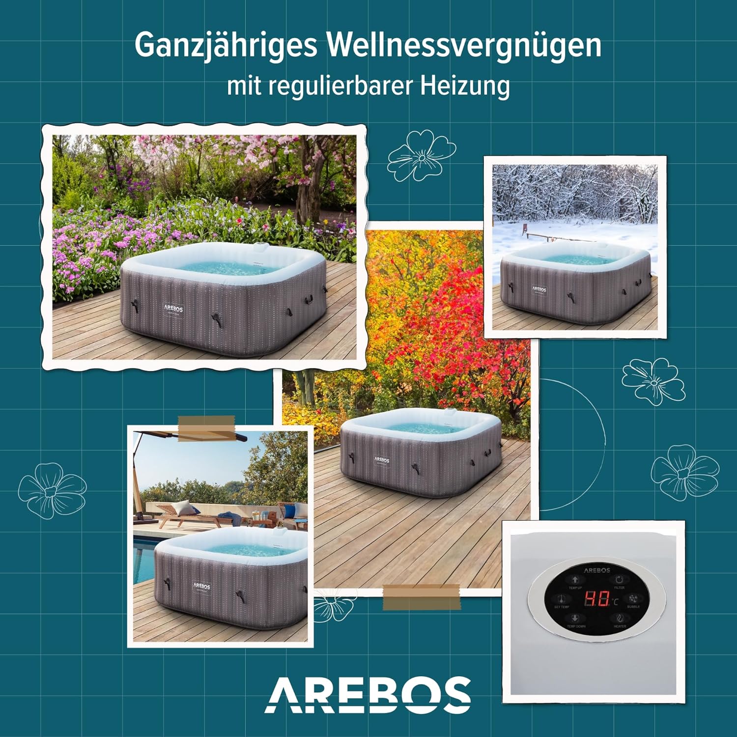 Arebos Spa Whirlpool 2400 W, in-outdoor zwembad, voor 6 personen, 185 x 185 cm, 130 massagejets, 910 l met verwarming, opblaasfunctie met één druk op de knop, inclusief afdekking, bubbelspa en
