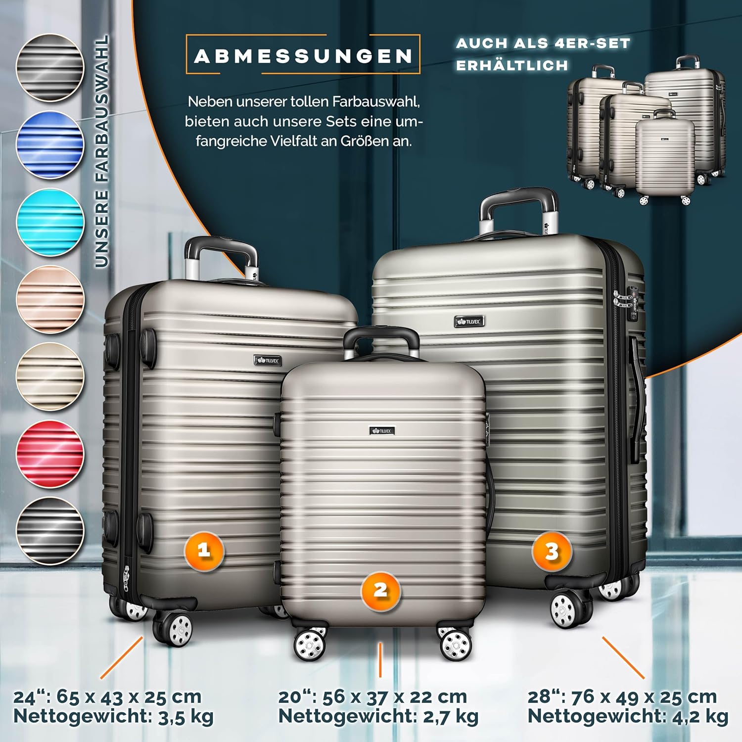 Kofferset - 3 delig - Trolley - Reiskofferset - Champagne - Tillvex®