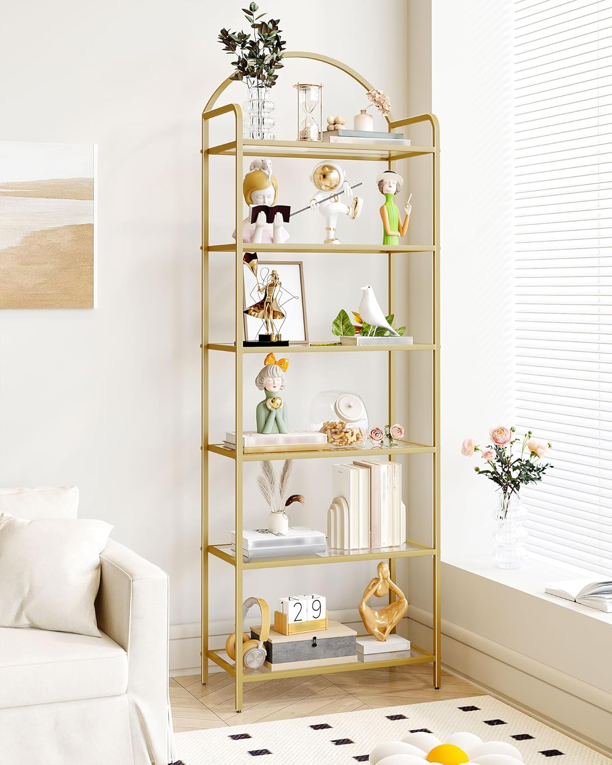 Hzuaneri Plank, boekenkast van gehard glas, slank rek voor slaapkamer, badkamer, thuiskantoor, stalen frame, 6 planken, goud BC21699G