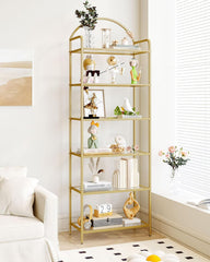 Hzuaneri Plank, boekenkast van gehard glas, slank rek voor slaapkamer, badkamer, thuiskantoor, stalen frame, 6 planken, goud BC21699G