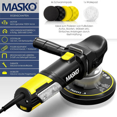 MASKO® Polijstmachine XXL-set 900 W excentrische polijstmachine 6 snelheden hoekpolijstmachine met 5 polijstsponzen 150 mm + tas afneembare D-handgreep en zijgreep, 3 m kabel, polijsten auto boot