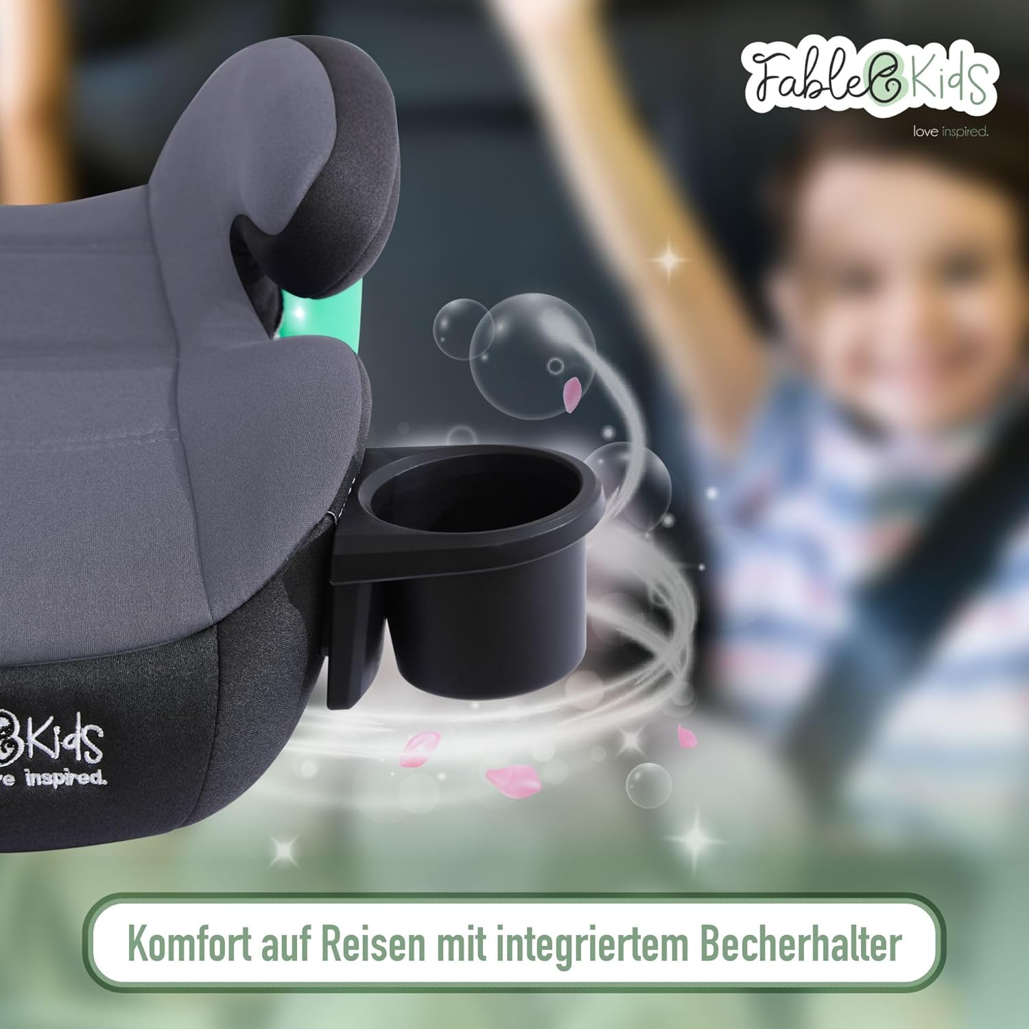 FableKids Isofix Zitverhoger, 3-punts veiligheidsgordel, kinderzitverhoging tot 5 jaar, autostoel voor kinderen, 125-150 cm, met bekerhouder, ECE R129/03, grijs