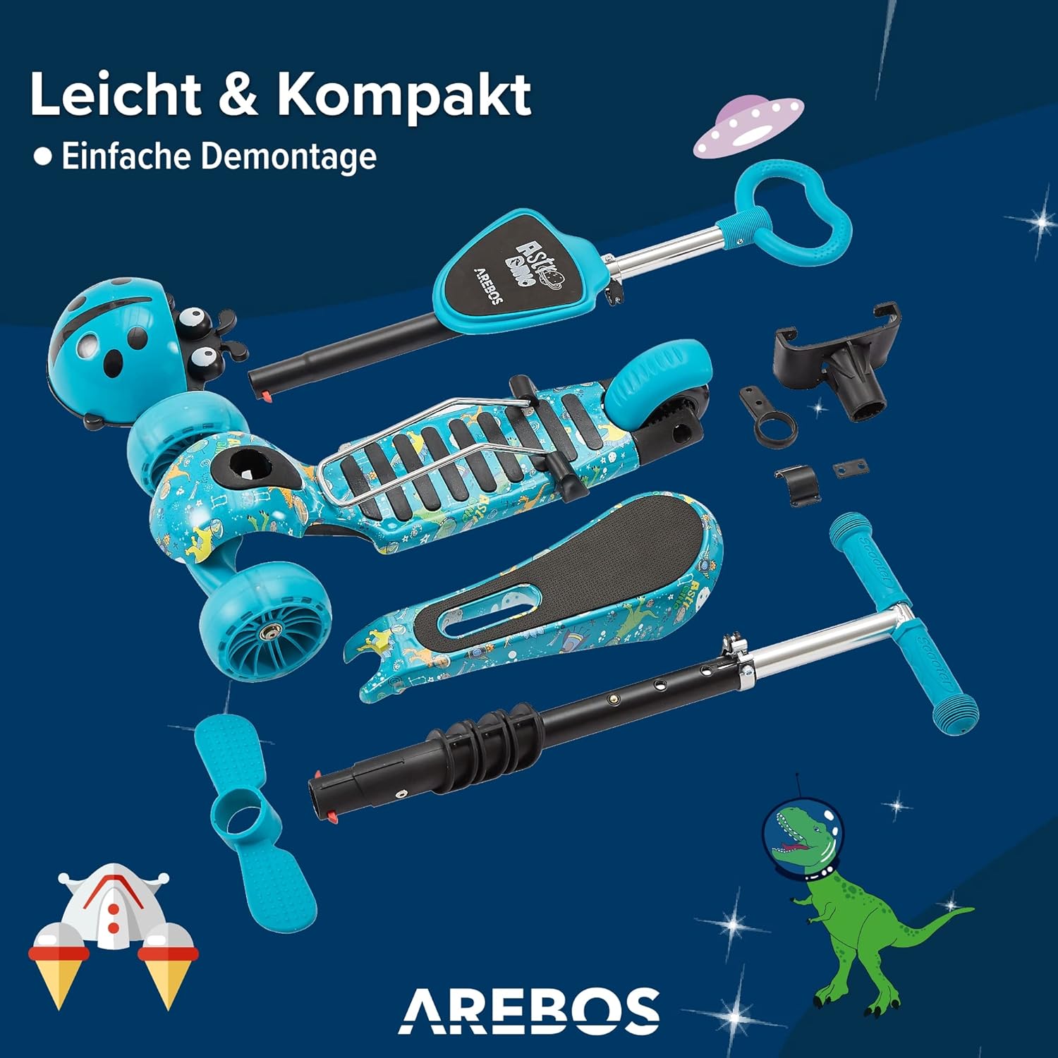 Arebos Cityroller, step, in hoogte verstelbaar stuur en zitting, XXL led-wielen, traprem, voor kinderen, belastbaar tot 40 kg, kickscooter •