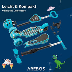 Arebos Cityroller, step, in hoogte verstelbaar stuur en zitting, XXL led-wielen, traprem, voor kinderen, belastbaar tot 40 kg, kickscooter •