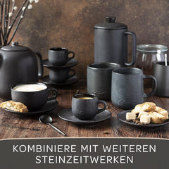 Steinzeit Design Espressokopjes (6 x 80 ml), set espressokopjes met bijpassende schoteltjes, espressokopjes van 100% handgemaakt, stapelbare mokkatassen in zwart
