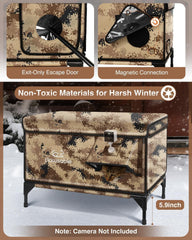 Onverwoestbaar verwarmd buitenkattenhuis voor de winter, 100% waterdicht, veilige ontsnappingsdeur, geïsoleerde buitenkattenopvang met verwarming voor wilde schuurkatten, katten, kittens (woestijncamouflage)