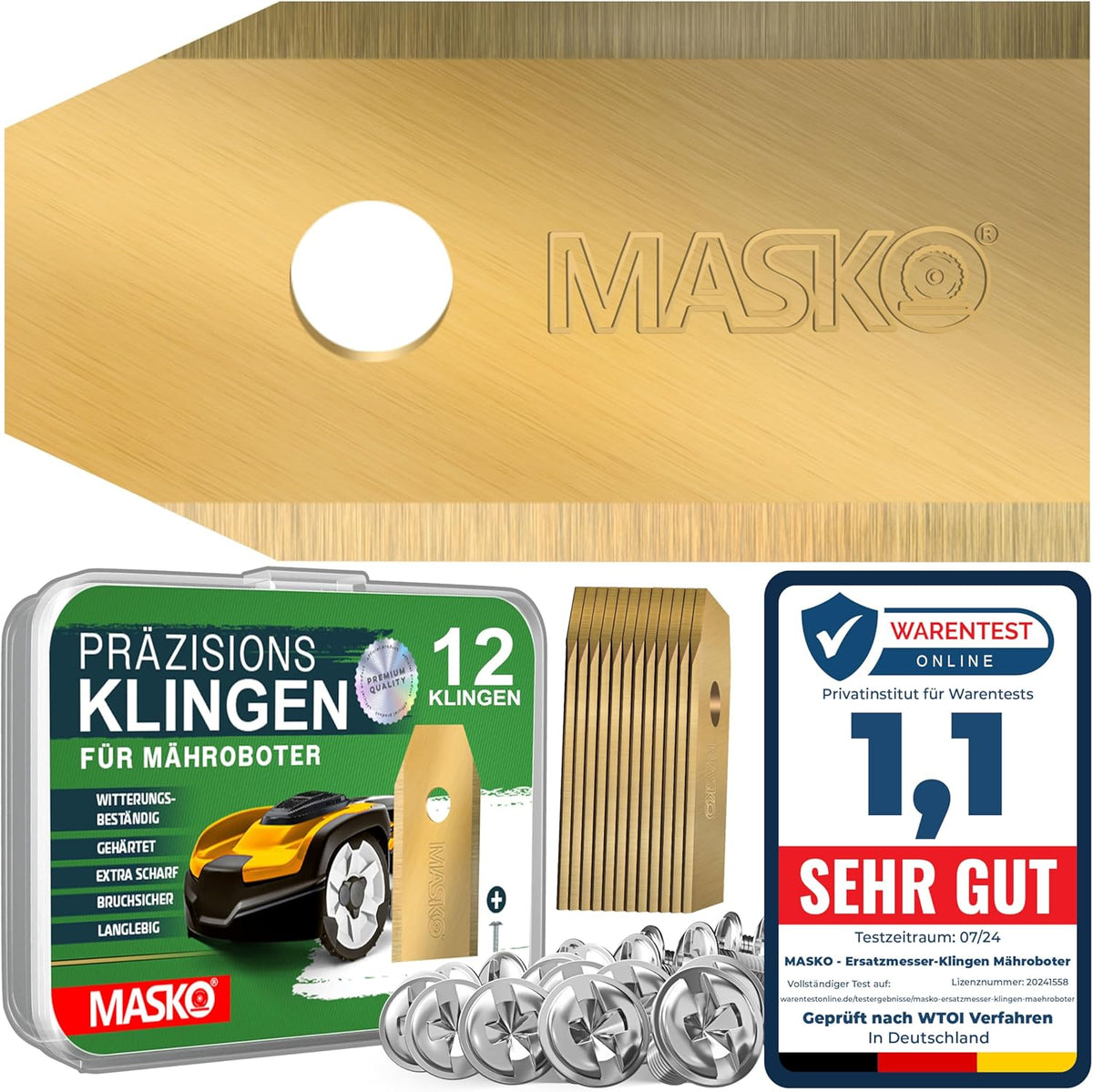 MASKO® Reservemesjes voor robotmaaiers, universeel incl. innovatieve schroeven, reservemessen voor robotmaaier, duurzame titanium coating, compatibel met Gardena/Husqvarna, 12 stuks